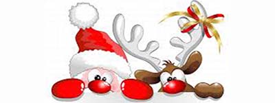 Cartoon image of Santa and Rudolph peeking over the picture frame